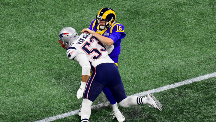 ATLANTA, GEORGIA – FEBRUARY 03: Jared Goff #16 of the Los Angeles Rams is sacked by Kyle Van Noy #53 of the New England Patriots in the second quarter during Super Bowl LIII at Mercedes-Benz Stadium on February 03, 2019 in Atlanta, Georgia. (Photo by Scott Cunningham/Getty Images)
