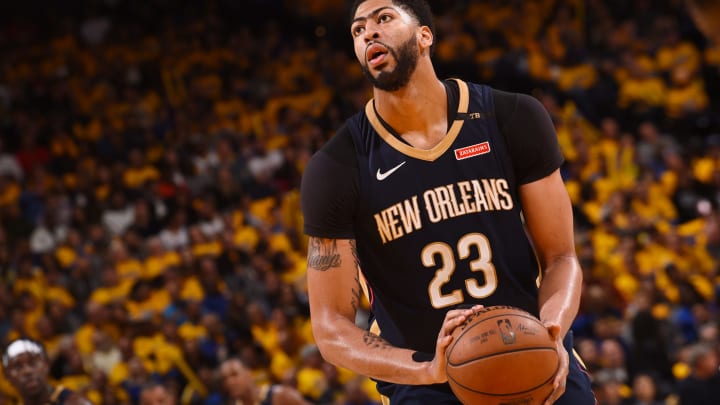 OAKLAND, CA – APRIL 28: Anthony Davis #23 of the New Orleans Pelicans shoots a free throw during the game against the Golden State Warriors in Game One of Round Two of the 2018 NBA Playoffs on April 28, 2018 at ORACLE Arena in Oakland, California. NOTE TO USER: User expressly acknowledges and agrees that, by downloading and or using this photograph, user is consenting to the terms and conditions of Getty Images License Agreement. Mandatory Copyright Notice: Copyright 2018 NBAE (Photo by Noah Graham/NBAE via Getty Images)