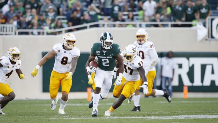 EAST LANSING, MI – SEPTEMBER 14: Julian Barnett #2 of the Michigan State Spartans runs with the ball during the game against the Arizona State Sun Devils at Spartan Stadium on September 14, 2019 in East Lansing, Michigan. Arizona State defeated Michigan State 10-7. (Photo by Joe Robbins/Getty Images)
