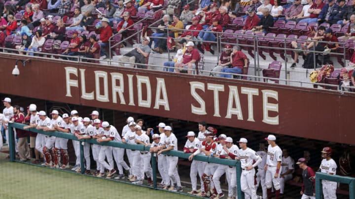 TALLAHASSEE, FL - FEBRUARY 15: A general view of the Florida State Seminoles Baseball Team in the dugout during the game against the Maine Black Bears at Dick Howser Stadium on the campus of Florida State University on February 15, 2019 in Tallahassee, Florida. The 11th Ranked Florida State defeated the Maine Black Bears on Opening Day in a no-hitter 11 to 0. (Photo by Don Juan Moore/Getty Images)