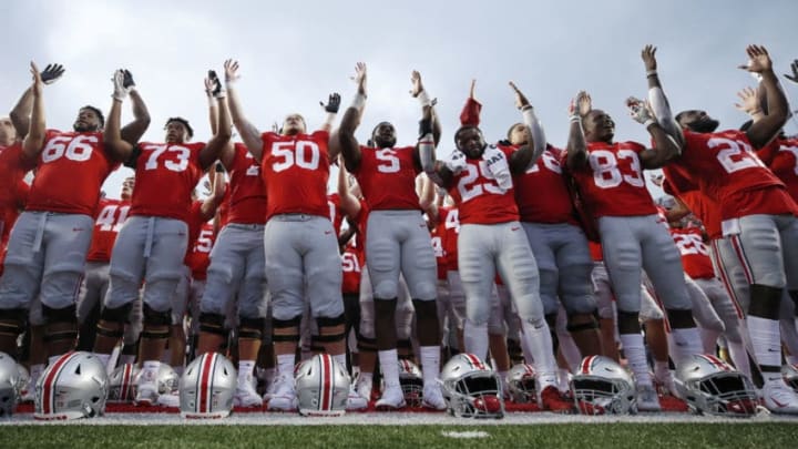 COLUMBUS, OH - SEPTEMBER 08: Ohio State Buckeyes players celebrate after a 52-3 win in the game against the Rutgers Scarlet Knights at Ohio Stadium on September 8, 2018 in Columbus, Ohio. (Photo by Joe Robbins/Getty Images)