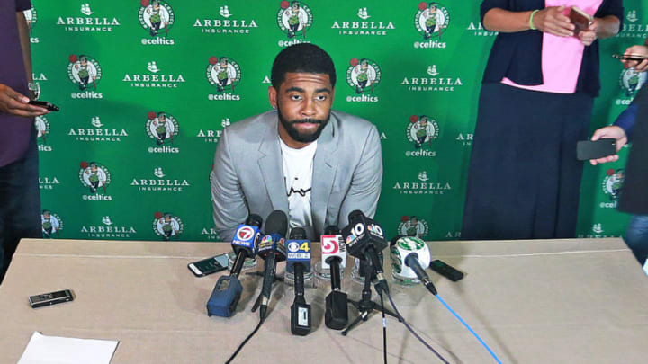 BOSTON, MA - JUNE 12: Boston Celtics guard Kyrie Irving meets with reporters at the Boston Harbor Hotel on June 12, 2018. (Photo by Jim Davis/The Boston Globe via Getty Images)