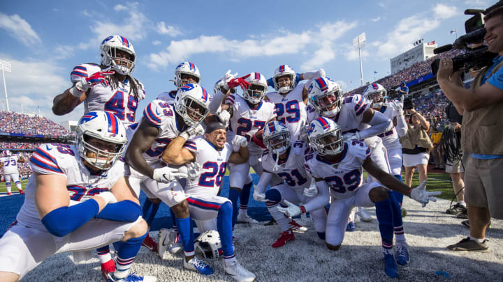 ORCHARD PARK, NY – SEPTEMBER 22: Buffalo Bills defense celebrates a game clinching interception by Tre’Davious White #27 (center) by posing for the media during the fourth quarter against the Cincinnati Bengals at New Era Field on September 22, 2019 in Orchard Park, New York. Buffalo defeats Cincinnati 21-17. (Photo by Brett Carlsen/Getty Images)