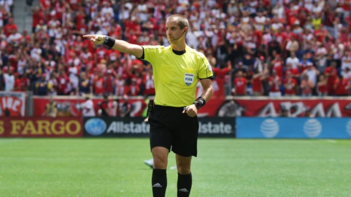 HARRISON, NEW JERSEY- JULY 24: Referee Mark Geiger awards a penalty to New York Red Bulls during the New York Red Bulls Vs New York City FC MLS regular season match at Red Bull Arena, Harrison, New Jersey on July 24, 2016 in Harrison, New Jersey. (Photo by Tim Clayton/Corbis via Getty Images)