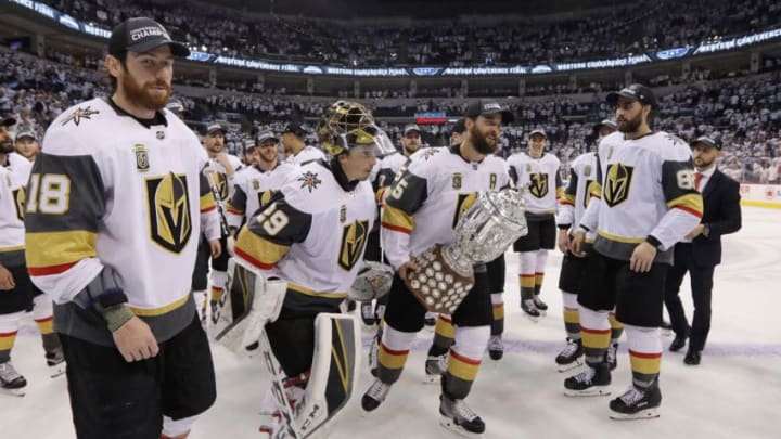 Deryk Engelland #5 of the Vegas Golden Knights celebrates with the Clarence S. Campbell Bowl after defeating the Winnipeg Jets 2-1 in Game Five. (Photo by Jason Halstead/Getty Images)