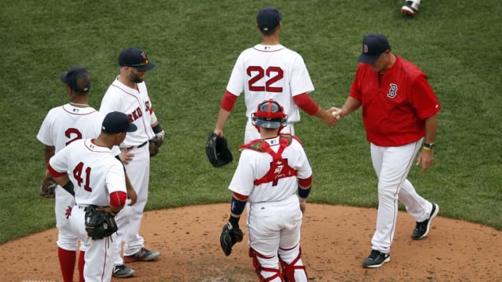Jun 23, 2016; Boston, MA, USA; Boston Red Sox pitcher Rick Porcello (22) is relieved by manager John Farrell during the sixth inning against the Chicago White Sox at Fenway Park. Mandatory Credit: Greg M. Cooper-USA TODAY Sports