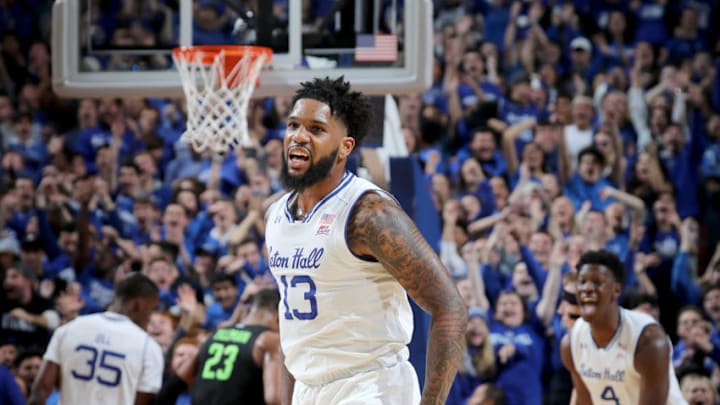 NEWARK, NEW JERSEY - NOVEMBER 14: Myles Powell #13 of the Seton Hall Pirates celebrates his three point shot in the first half against the Michigan State Spartans at Prudential Center on November 14, 2019 in Newark, New Jersey. (Photo by Elsa/Getty Images)