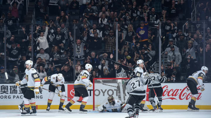 LOS ANGELES, CA – NOVEMBER 16: Los Angeles Kings celebrate Nikolai Prokhorkin #74 of the Los Angeles Kings goal during the second period against the Vegas Golden Knights at STAPLES Center on November 16, 2019 in Los Angeles, California. (Photo by Juan Ocampo/NHLI via Getty Images)