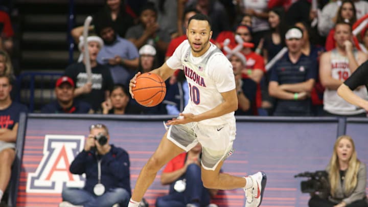 Mar 5, 2020; Tucson, Arizona, USA; Arizona Wildcats guard Jemarl Baker Jr. (10) dribbles the ball against Washington State Cougars in the second half at McKale Center. Mandatory Credit: Jacob Snow-USA TODAY Sports