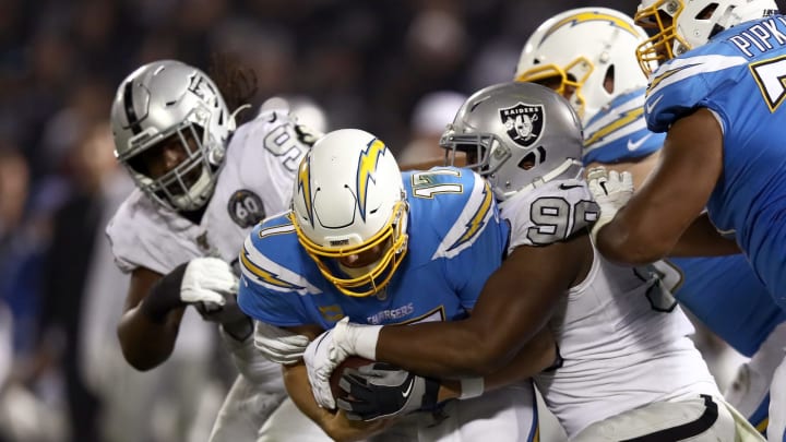 OAKLAND, CALIFORNIA – NOVEMBER 07: Clelin Ferrell #96 of the Oakland Raiders sacks Philip Rivers #17 of the Los Angeles Chargers at RingCentral Coliseum on November 07, 2019 in Oakland, California. (Photo by Ezra Shaw/Getty Images)