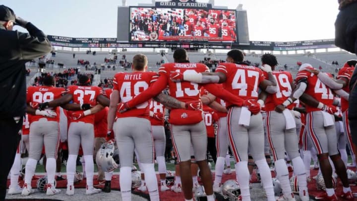 Ohio State Buckeyes football players sing Carmen Ohio following a 73-14 win over the Maryland Terrapins during in Saturday's NCAA football game at Ohio Stadium in Columbus on November 9, 2019. The Buckeyes won the game 73-14. [Barbara J. Perenic/Dispatch]Hittle 2
