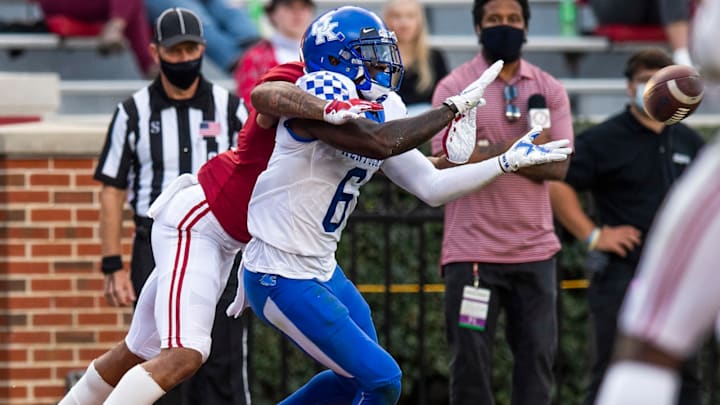 Nov 21, 2020; Tuscaloosa, Alabama, USA; Alabama defensive back Patrick Surtain II (2) breaks up a pass at the goal line to Kentucky wide receiver Josh Ali (6) at Bryant-Denny Stadium. Mandatory Credit: Mickey Welsh/The Montgomery Advertiser via USA TODAY Sports