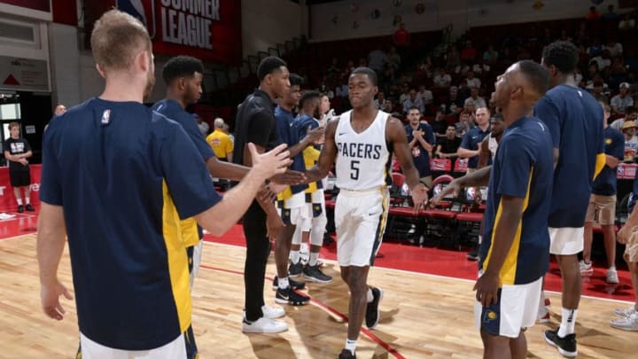 LAS VEGAS, NV - JULY 6: Edmond Sumner #5 of the Indiana Pacers is introduced before the game against the Houston Rockets during the 2018 Las Vegas Summer League on July 6, 2018 at the Cox Pavilion in Las Vegas, Nevada. NOTE TO USER: User expressly acknowledges and agrees that, by downloading and/or using this photograph, user is consenting to the terms and conditions of the Getty Images License Agreement. Mandatory Copyright Notice: Copyright 2018 NBAE (Photo by David Dow/NBAE via Getty Images)