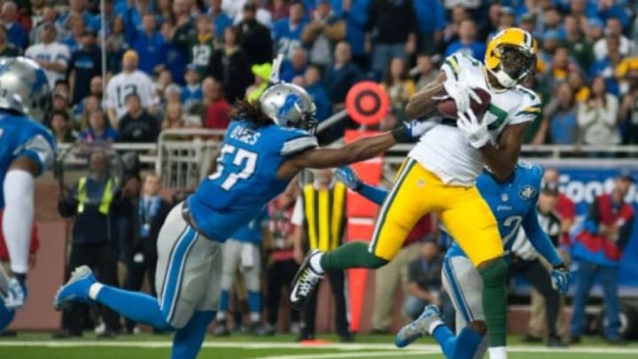 Dec 3, 2015; Detroit, MI, USA; Green Bay Packers wide receiver Davante Adams (17) catches a touchdown pass during the third quarter against the Detroit Lions at Ford Field. Mandatory Credit: Tim Fuller-USA TODAY Sports