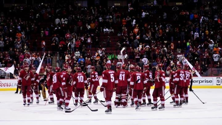 Dec 29, 2014; Glendale, AZ, USA; The Arizona Coyotes celebrate after beating the Philadelphia Flyers 4-2 at Gila River Arena. Mandatory Credit: Matt Kartozian-USA TODAY Sports