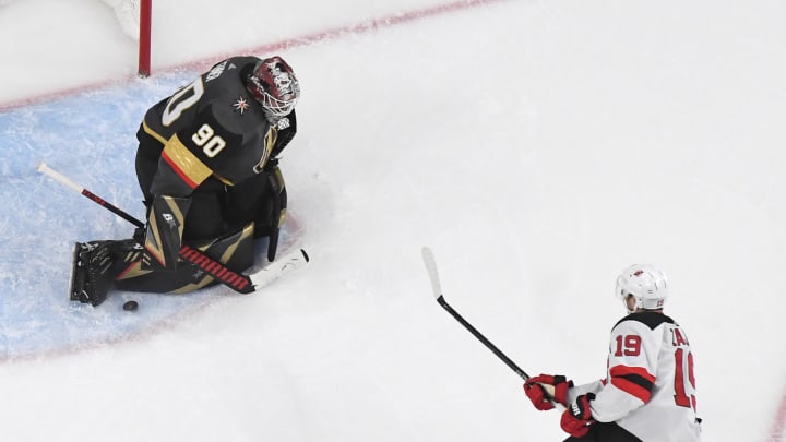 LAS VEGAS, NEVADA – MARCH 03: Robin Lehner #90 of the Vegas Golden Knights blocks a shot by Travis Zajac #19 of the New Jersey Devils in the second period of their game at T-Mobile Arena on March 3, 2020 in Las Vegas, Nevada. The Golden Knights defeated the Devils 3-0. (Photo by Ethan Miller/Getty Images)