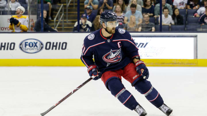 COLUMBUS, OH - SEPTEMBER 24: Columbus Blue Jackets left wing Nick Foligno (71) turns around in the first period of a Preseason game between the Columbus Blue Jackets and the Nashville Predators on September 24, 2017, at Nationwide Arena in Columbus, OH. (Photo by Adam Lacy/Icon Sportswire via Getty Images)
