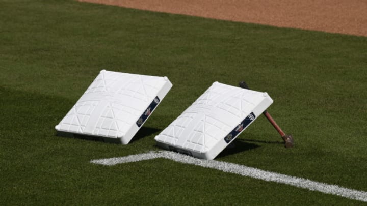 SAN DIEGO, CA - MARCH 28: Bases with the Opening Day logo sit on the field before the game between the San Diego Padres and the San Francisco Giants on Opening Day at Petco Park March 28, 2019 in San Diego, California. (Photo by Denis Poroy/Getty Images)