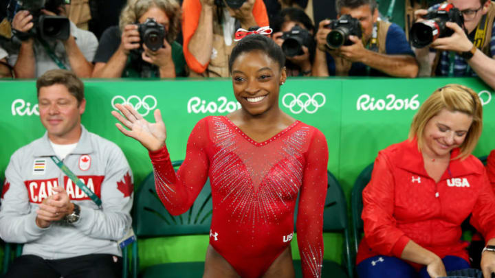RIO DE JANEIRO, BRAZIL - AUGUST 14: Simone Biles of the United States celebrates winning the gold medal in the Women's Vault Final on Day 9 of the Rio 2016 Olympic Games at the Rio Olympic Arena on August 14, 2016 in Rio de Janeiro, Brazil. (Photo by Alex Livesey/Getty Images)