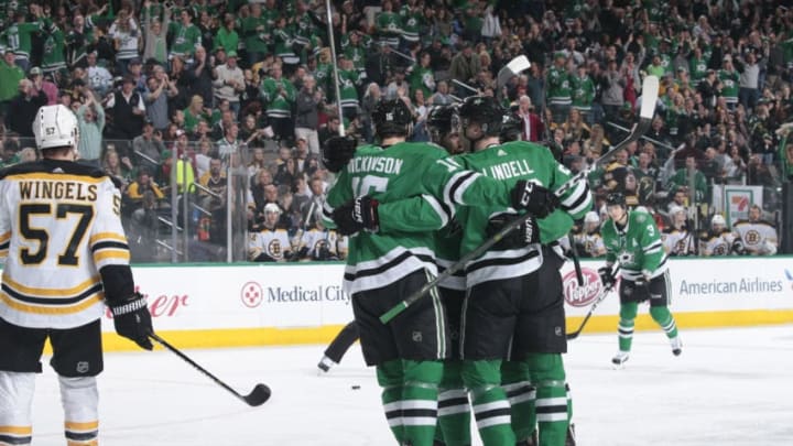 DALLAS, TX - MARCH 23: Jason Dickinson #16, Esa Lindell #23 and the Dallas Stars celebrate a goal against the Boston Bruins at the American Airlines Center on March 23, 2018 in Dallas, Texas. (Photo by Glenn James/NHLI via Getty Images)