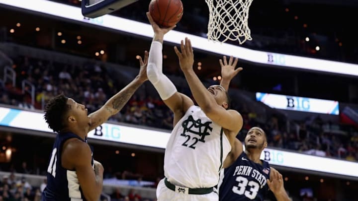WASHINGTON, DC - MARCH 09: Miles Bridges #22 of the Michigan State Spartans puts ups a shot in front of Grant Hazle #22 of the Penn State Nittany Lions during the Big Ten Basketball Tournament at Verizon Center on March 9, 2017 in Washington, DC. (Photo by Rob Carr/Getty Images)