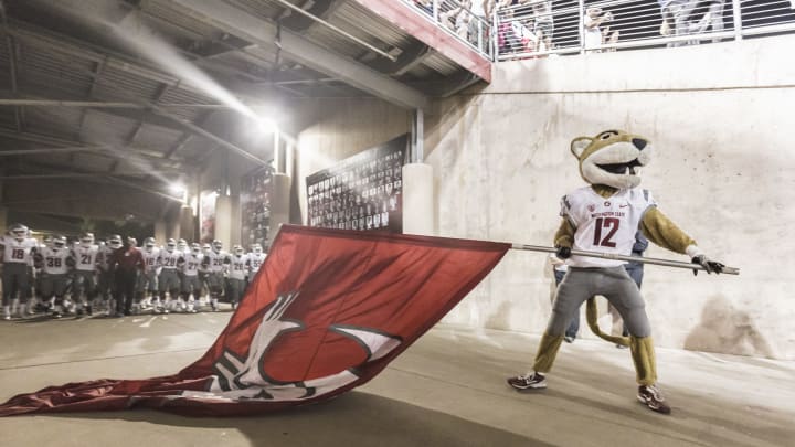 PALO ALTO, CA – OCTOBER 8: Butch T. Cougar, mascot of the Washington State Cougars football team, leads the team onto the field prior to an NCAA Pac-12 football game against the Stanford Cardinal played on October 8, 2016 at Stanford Stadium on the campus of Stanford University in Palo Alto, California. (Photo by David Madison/Getty Images)