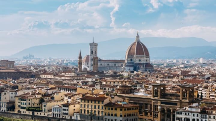 A view of Florence, Italy, a city that has become synonymous with Michelangelo and is home to the Piazzale Michelangelo.