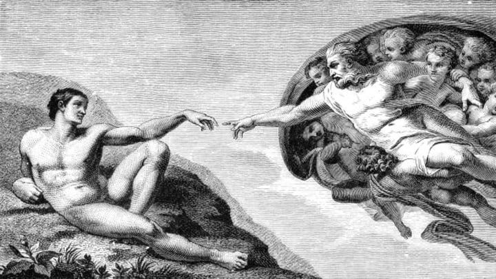 An illustrated recreation of 'The Creation of Adam' from the Sistine Chapel ceiling.