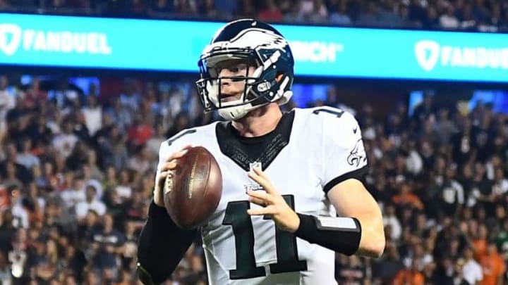 Sep 19, 2016; Chicago, IL, USA; Philadelphia Eagles quarterback Carson Wentz (11) prepares to throw the ball against the Chicago Bears during the first quarter at Soldier Field. Mandatory Credit: Mike DiNovo-USA TODAY Sports