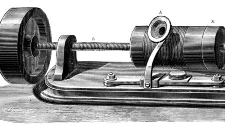 An illustration of Thomas Edison's early version of the phonograph.