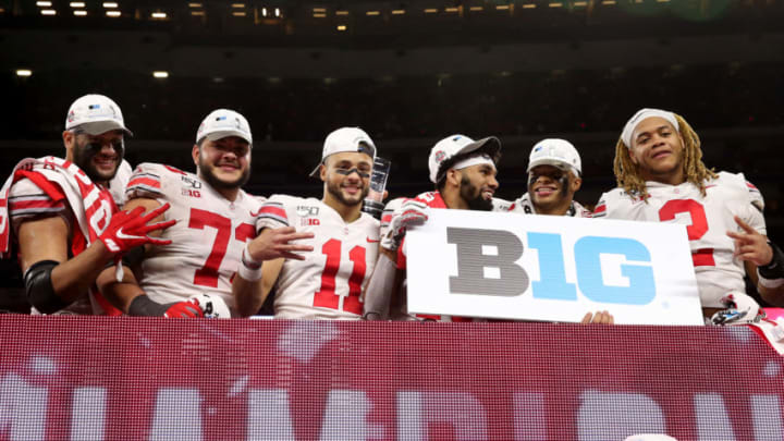 INDIANAPOLIS, INDIANA - DECEMBER 07: The Ohio State Buckeyes on the post game stage after winning the Big Ten Championship game over the Wisconsin Badgers at Lucas Oil Stadium on December 07, 2019 in Indianapolis, Indiana. (Photo by Justin Casterline/Getty Images)