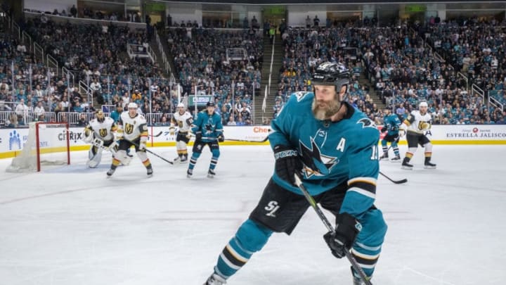 SAN JOSE, CA - APRIL 23: San Jose Sharks center Joe Thornton (19) reaches for a pass along the boards during Game 7, Round 1 between the Vegas Golden Knights and the San Jose Sharks on Tuesday, April 23, 2019 at the SAP Center in San Jose, California. (Photo by Douglas Stringer/Icon Sportswire via Getty Images)
