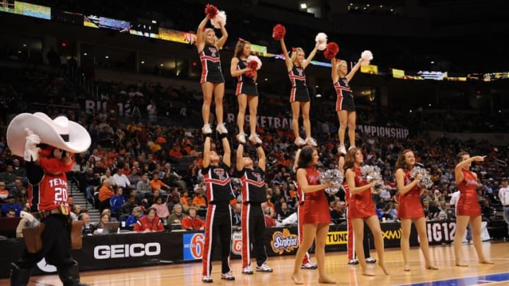 OKLAHOMA CITY - MARCH 11: The Texas Tech Red Raiders cheerleaders and mascot during the Phillips 66 Big 12 Men's Basketball Championship at the Ford Center March 11, 2009 in Oklahoma City, Oklahoma. (Photo by Ronald Martinez/Getty Images)