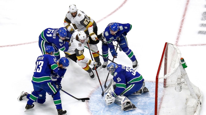 Thatcher Demko #35 of the Vancouver Canucks tends net against Mark Stone #61 of the Vegas Golden Knights during the first period in Game Six