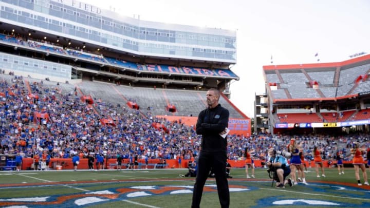 Florida Gators head coach Billy Napier waits for teams to run out before the game during the Florida Gators Orange and Blue Spring Game at Steve Spurrier Field at Ben Hill Griffin Stadium in Gainesville, FL on Thursday, April 13, 2023. [Matt Pendleton/Gainesville Sun]Ncaa Football Florida Gators Orange Blue Spring Game