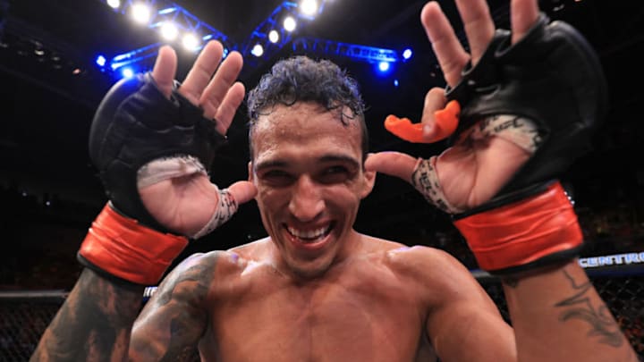 FORTALEZA, BRAZIL - FEBRUARY 02: Charles Oliveira of Brazil celebrates after his submission victory over David Teymur of Sweden in their lightweight fight during the UFC Fight Night event at CFO Centro de Formacao Olimpica on February 2, 2019 in Fortaleza, Brazil. (Photo by Buda Mendes/Zuffa LLC/Zuffa LLC via Getty Images)