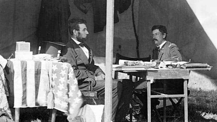 President Abraham Lincoln photographed with General George B. McClellan during the Civil War.