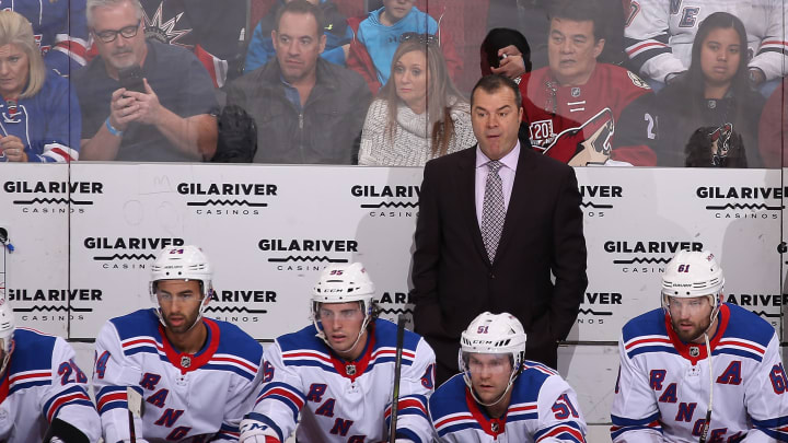 GLENDALE, AZ – JANUARY 06: Head coach Alain Vigneault of the New York Rangers watches from the bench during the first period of the NHL game against the Arizona Coyotes at Gila River Arena on January 6, 2018 in Glendale, Arizona. (Photo by Christian Petersen/Getty Images)