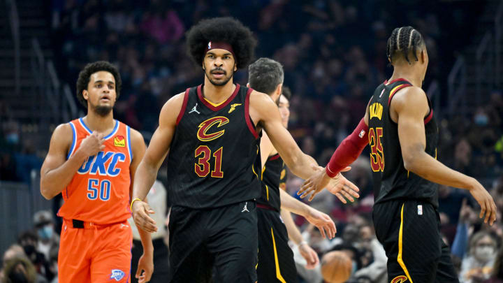 CLEVELAND, OHIO – JANUARY 22: Jarrett Allen #31 celebrates with Isaac Okoro #35 of the Cleveland Cavaliers during the first half at Rocket Mortgage Fieldhouse on January 22, 2022 in Cleveland, Ohio. NOTE TO USER: User expressly acknowledges and agrees that, by downloading and/or using this photograph, user is consenting to the terms and conditions of the Getty Images License Agreement. (Photo by Jason Miller/Getty Images)