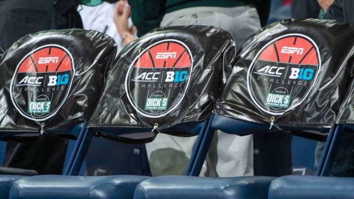Dec 3, 2014; South Bend, IN, USA; The team benches were temporarily covered with signage for the Big Ten-ACC challenge for the game between the Notre Dame Fighting Irish and the Michigan State Spartans at the Purcell Pavilion. Mandatory Credit: Matt Cashore-USA TODAY Sports