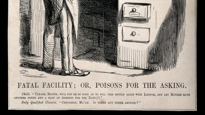 A satirical engraving of an unscrupulous chemist selling a child arsenic and laudanum (tincture of opium)