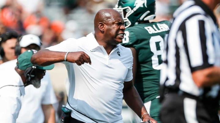 Michigan State head coach Mel Tucker reacts a play against Youngstown State during the second half at Spartan Stadium in East Lansing on Saturday, Sept. 11, 2021.