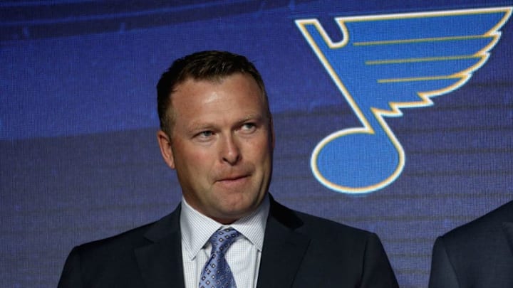 CHICAGO, IL - JUNE 23: Martin Brodeur of the St. Louis Blues stands onstgae before their pick during Round One of the 2017 NHL Draft at United Center on June 23, 2017 in Chicago, Illinois. (Photo by Dave Sandford/NHLI via Getty Images)