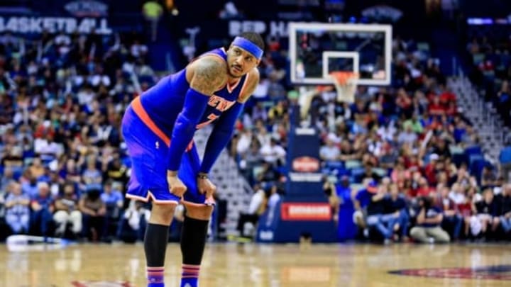 Mar 28, 2016; New Orleans, LA, USA; New York Knicks forward Carmelo Anthony (7) reacts against the New Orleans Pelicans during the second half of a game at the Smoothie King Center. The Pelicans defeated the Knicks 99-91. Mandatory Credit: Derick E. Hingle-USA TODAY Sports