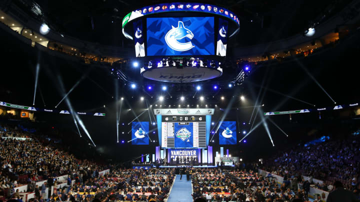 VANCOUVER, BC – JUNE 21: The Vancouver Canucks select tenth overall during Round One of the 2019 NHL Draft at Rogers Arena on June 21, 2019 in Vancouver, Canada. (Photo by Devin Manky/Icon Sportswire via Getty Images)