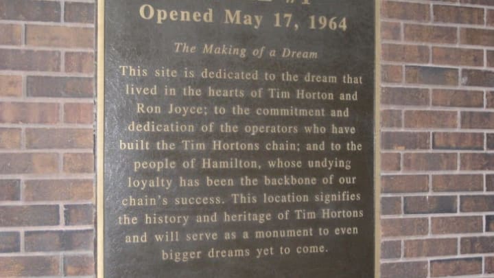 A plaque at the site of the first Tim Horton's store.