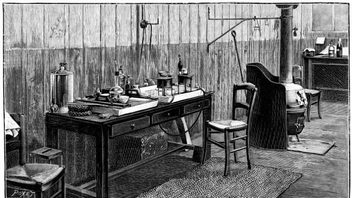 An illustration of Pierre and Marie Curie's laboratory.