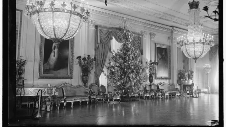 A Christmas tree was set up in the East Room of the White House in 1936 at the end of President Franklin Roosevelt's first term.