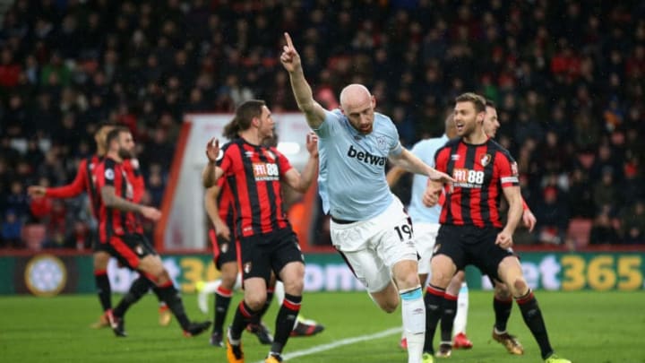 BOURNEMOUTH, ENGLAND - DECEMBER 26: James Collins of West Ham United celebrates scoring his sides first goal during the Premier League match between AFC Bournemouth and West Ham United at Vitality Stadium on December 26, 2017 in Bournemouth, England. (Photo by Steve Bardens/Getty Images)