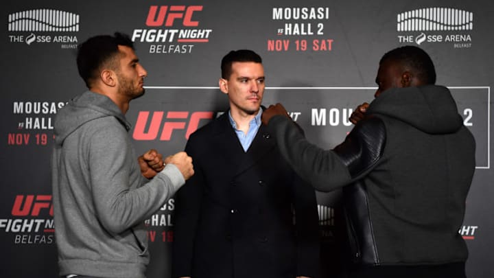BELFAST, IRELAND - NOVEMBER 17: (L-R) Gegard Mousasi of the Netherlands and Uriah Hall of the United States face off during the UFC Fight Night Ultimate Media Day at the SSE Arena on November 17, 2016 in Belfast, Ireland. (Photo by Brandon Magnus/Zuffa LLC/Zuffa LLC via Getty Images)
